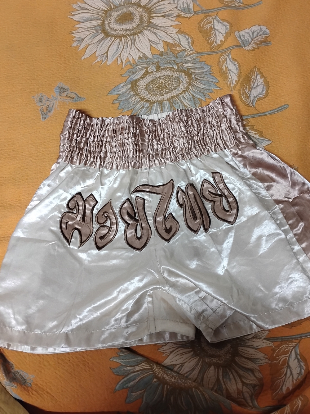 Satin White & Blush Women's Muy Thai Shorts with Elastic Waist